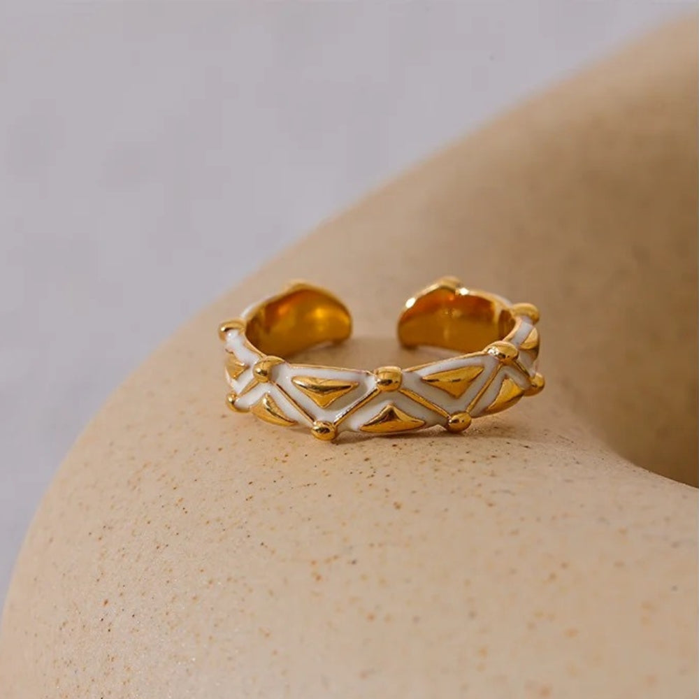 Vintage White Enamel Open Gold Ring-Lydieannejewelry