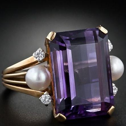 Vintage Purple Glass Pearl Golden Ring-Lydieannejewelry