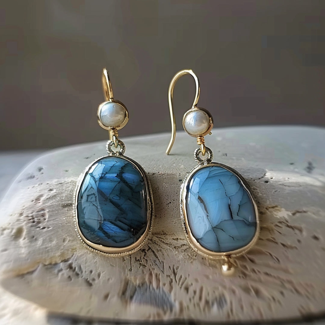 Blue Stone Pearl Earrings-Lydieannejewelry