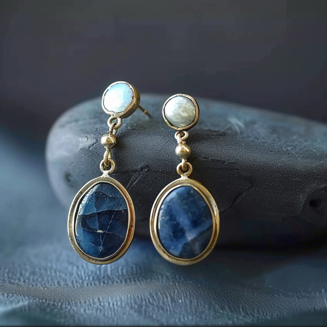 Blue Inlaid Stone Pearl Earrings-Lydieannejewelry