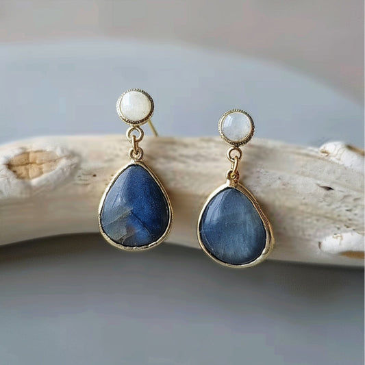 Blue Inlaid Drop Stone Pearl Earrings-Lydieannejewelry