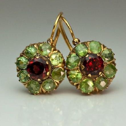 Vintage Rounded Green & Red Crystal Earrings-Lydieannejewelry
