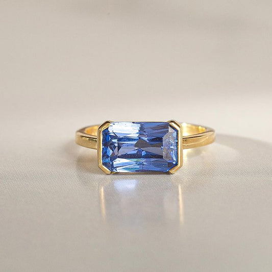 Vintage Rectangular Blue Glass Gold Ring-Lydieannejewelry