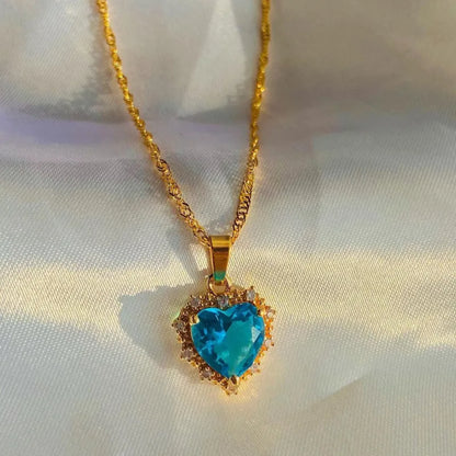 Gold Heart Pendant Necklace with Colorful Rhinestones