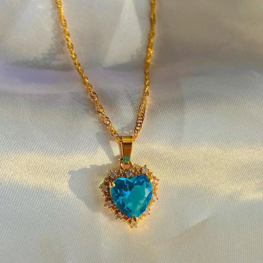 Gold Heart Pendant Necklace with Colorful Rhinestones