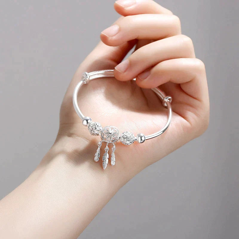 925 Sterling Silver Adjustable Bracelet with Triple Leaf Charms
