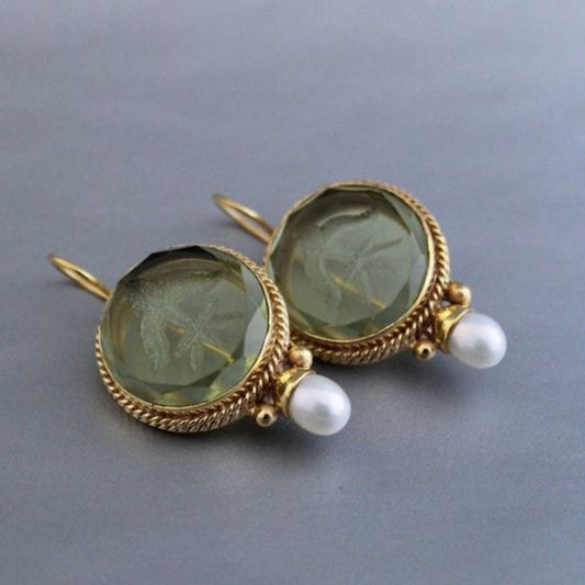 Vintage Rounded Green Stone Pearl Earrings-Lydieannejewelry