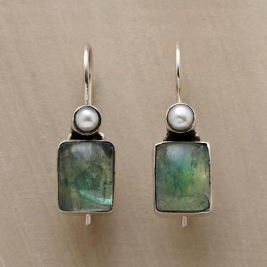 Vintage Green Stone Inlaid Pearl Earrings