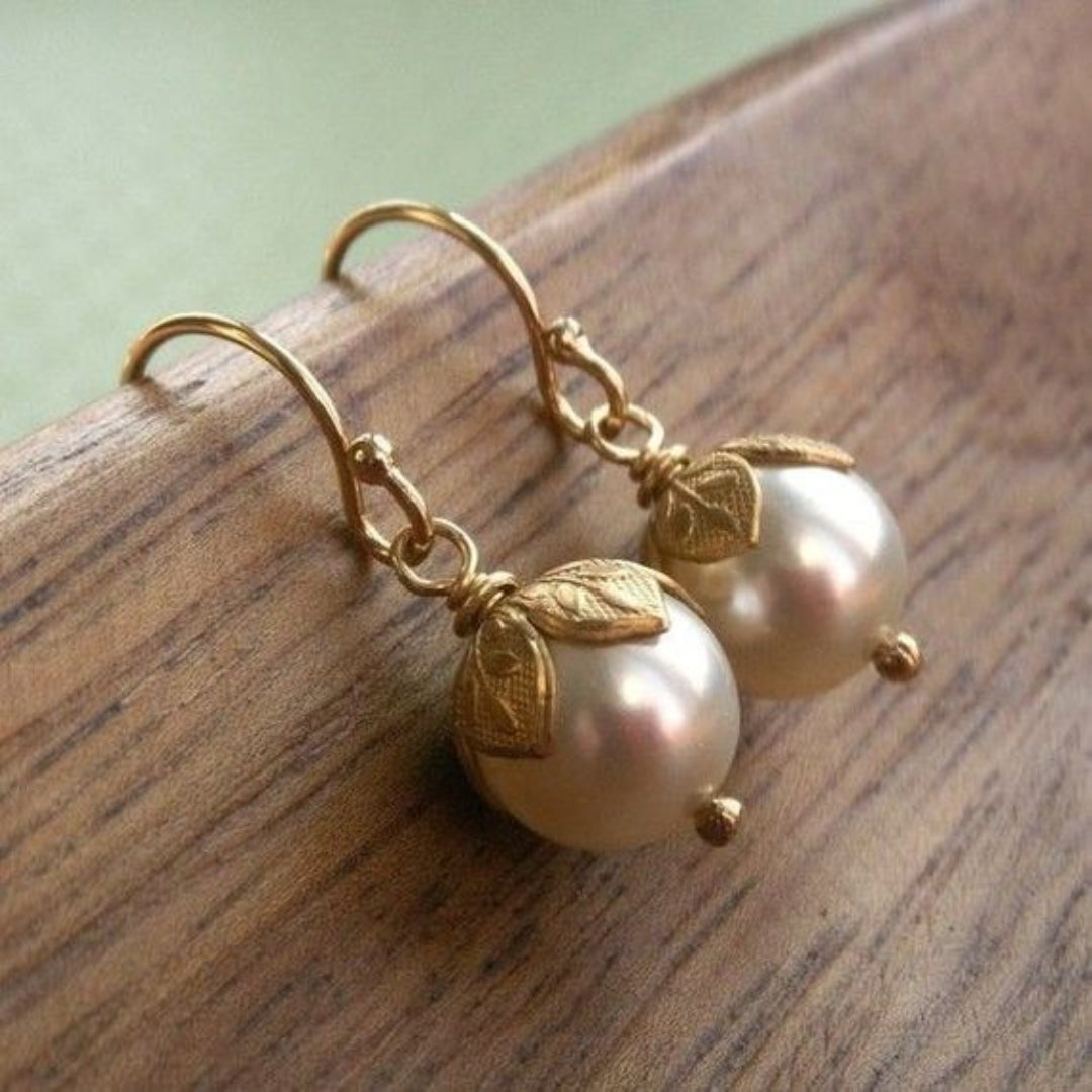 Vintage Gold Leaf Pearl Earrings-Lydieannejewelry