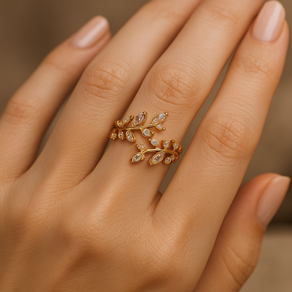 Gold Sparkling Leaf Branch Adjustable Ring-Lydieannejewelry