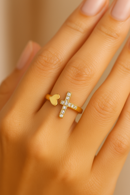 Gold Religious Cross Heart Resizable Ring-Lydieannejewelry