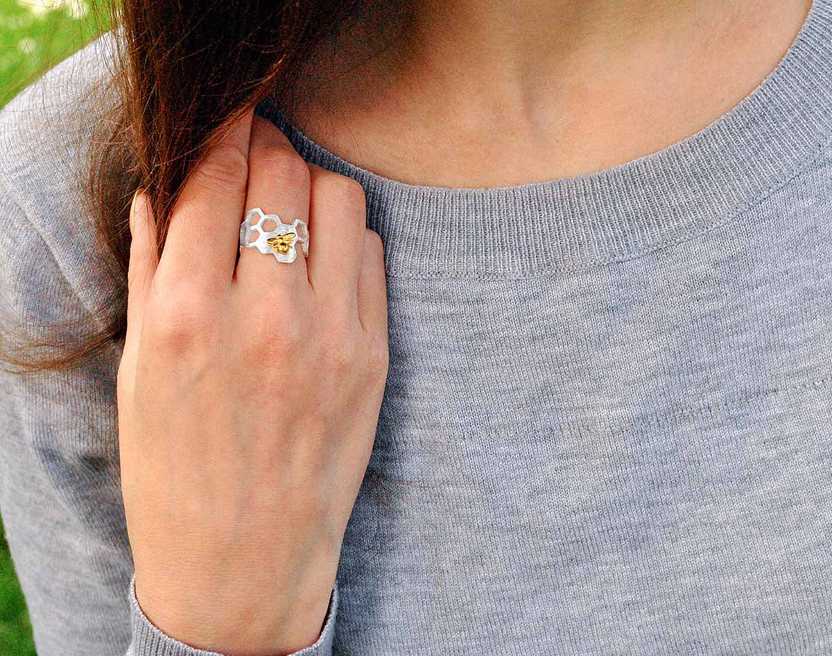 Adjustable 18K Gold Plated Honeycomb Ring