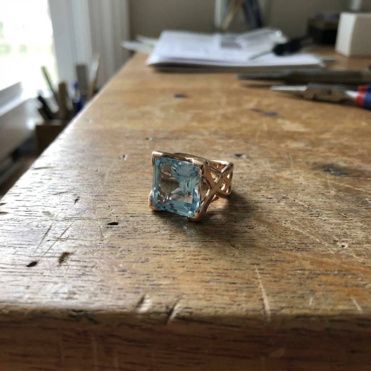 Vintage Rose Gold Blue Zirconia Ring