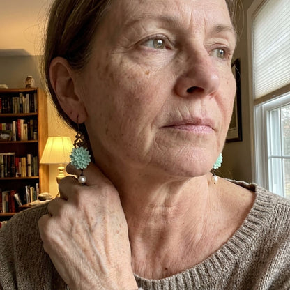 Boho Earrings with Turquoise Flower and Pearl