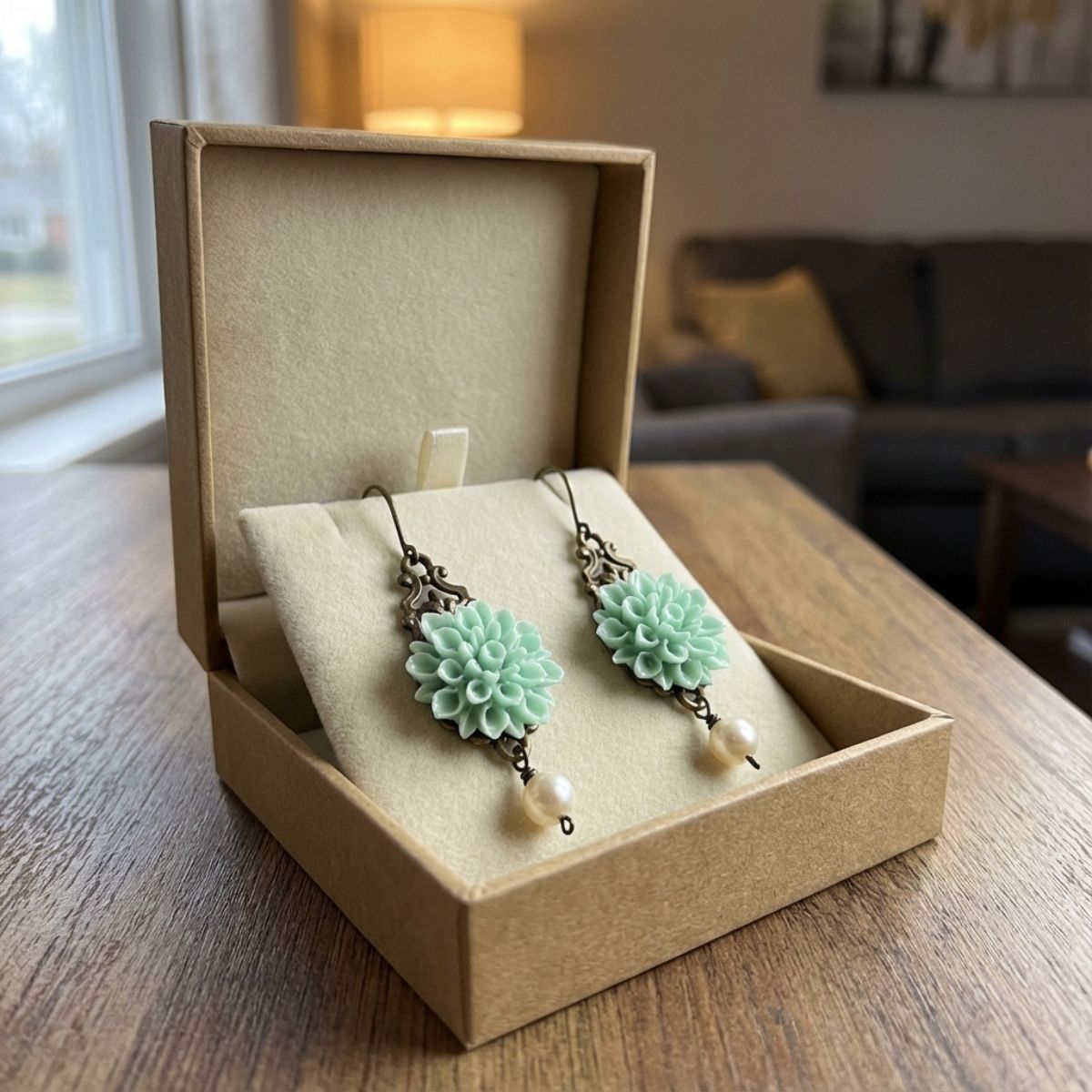 Boho Earrings with Turquoise Flower and Pearl