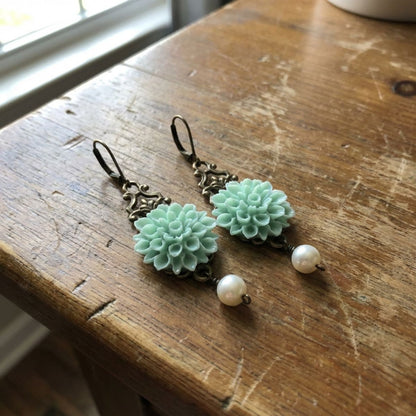 Boho Earrings with Turquoise Flower and Pearl