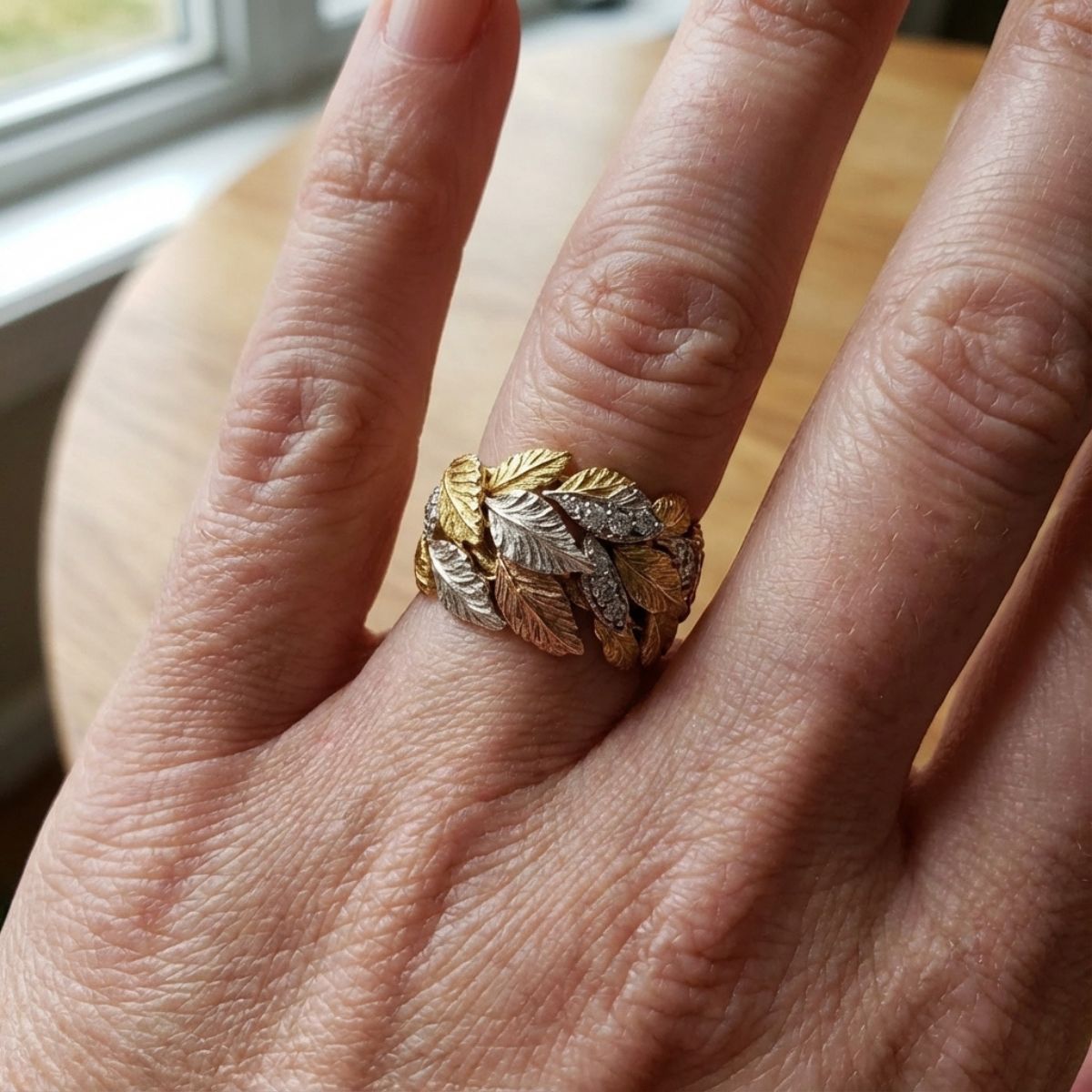 Vintage Wide Band Gold & Silver Leaf Ring