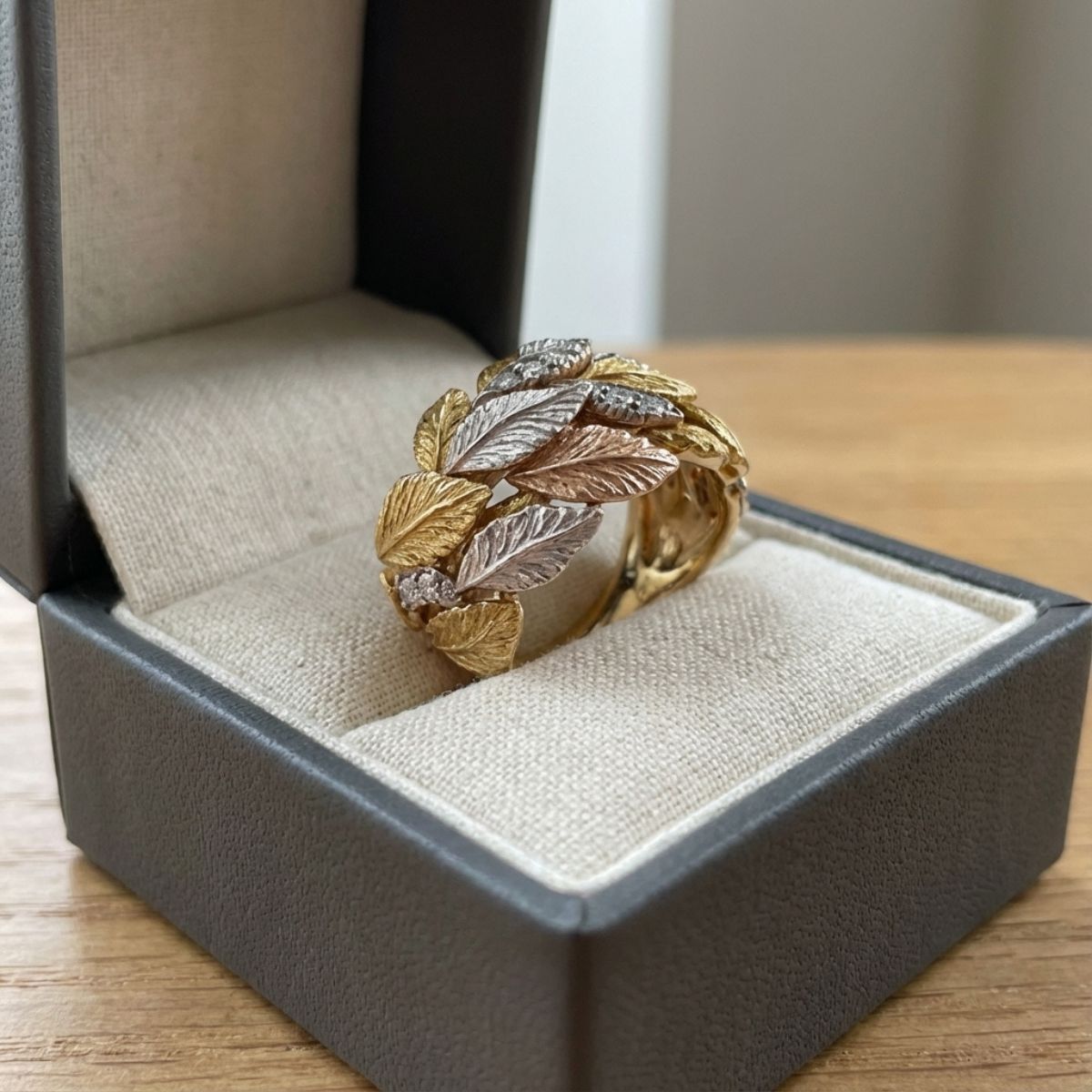 Vintage Wide Band Gold & Silver Leaf Ring
