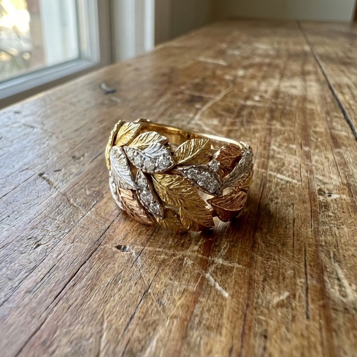 Vintage Wide Band Gold & Silver Leaf Ring