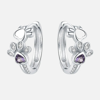 Paw Huggie Earrings in 925 Sterling Silver – With Zirconia and Heart Gem