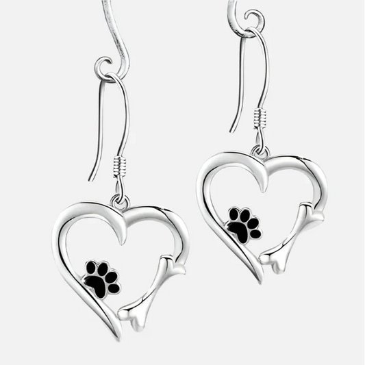 Silver Drop Earrings with Heart & Paw Design