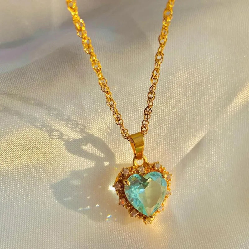 Gold Heart Pendant Necklace with Colorful Rhinestones