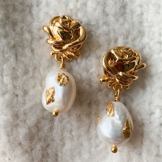 Vintage Gold Rose Flower Pearl Earrings-Lydieannejewelry