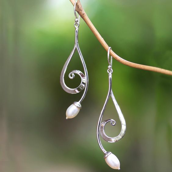 Vintage Dangling Spiral Pearl Silver Earrings-Lydieannejewelry
