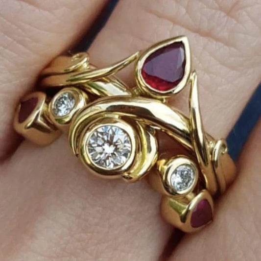 Vintage Red Drop Zirconia Golden Ring-Lydieannejewelry