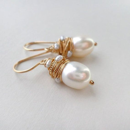 Vintage Pearl Golden Threads Earrings-Lydieannejewelry
