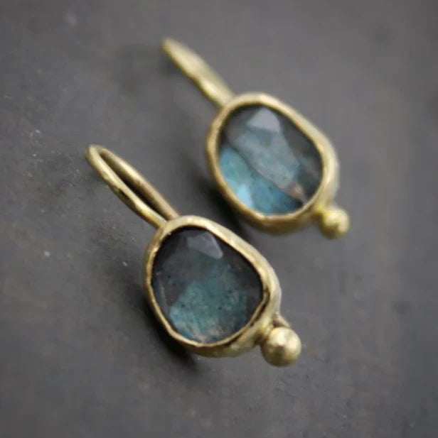 Vintage Blue Inlaid Stone Golden Earrings-Lydieannejewelry