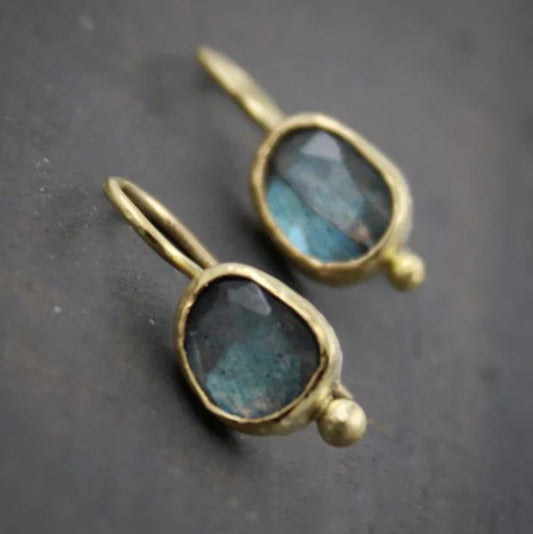 Vintage Blue Inlaid Stone Golden Earrings-Lydieannejewelry