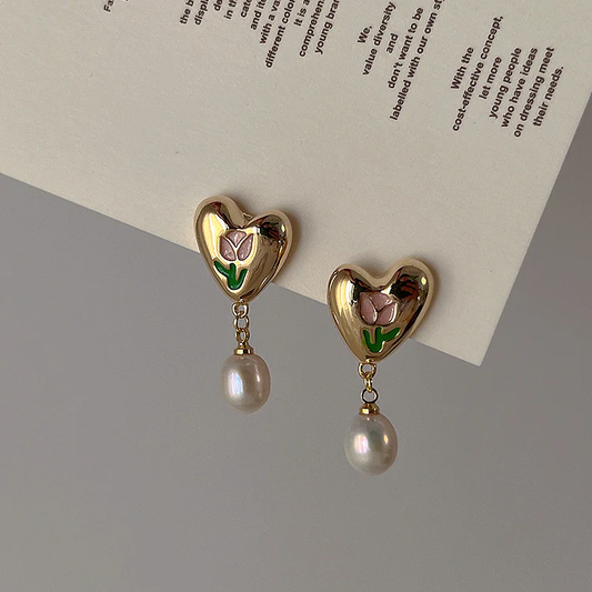 Elegant Gold Heart & Pearl Earrings-Lydieannejewelry