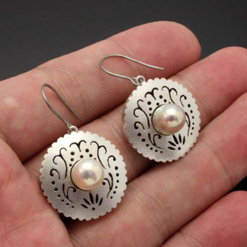 Vintage Pearl Round Silver Earrings-Lydieannejewelry