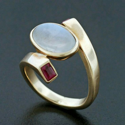 Vintage White Opal & Red Zirconia Gold Ring-Lydieannejewelry