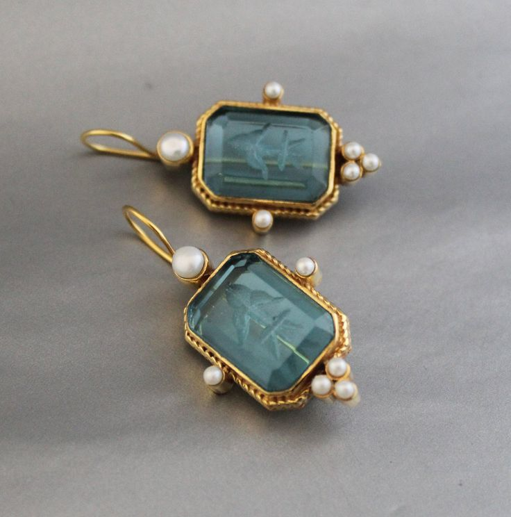 Vintage Blue Glass Pearl Earrings-Lydieannejewelry