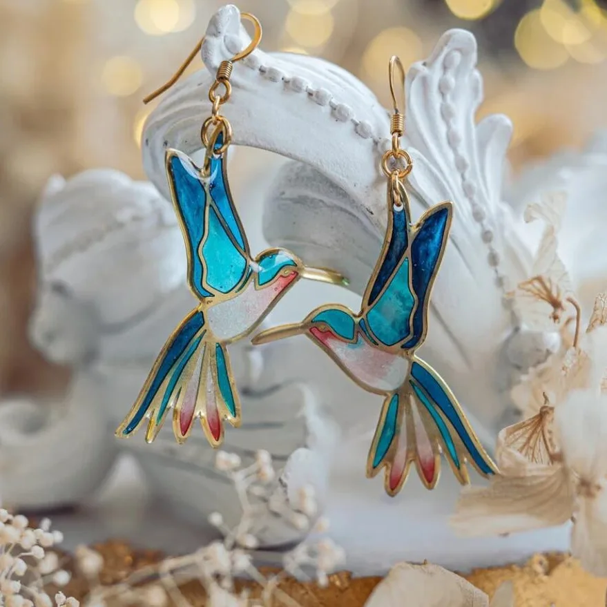 Vintage Blue Enamel Hummingbird Earrings-Lydieannejewelry