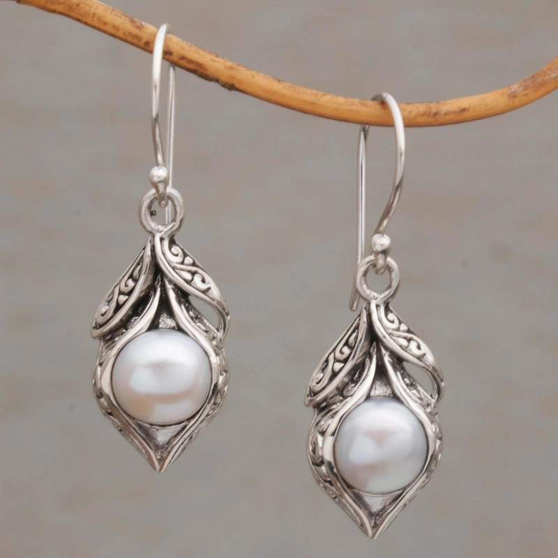 Vintage Dangling Pearl Silver Earrings-Lydieannejewelry