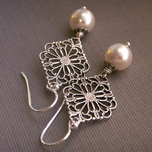 Vintage Mandala & Pearl Silver Earrings-Lydieannejewelry