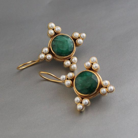 Vintage Green Crystal & Pearls Earrings-Lydieannejewelry