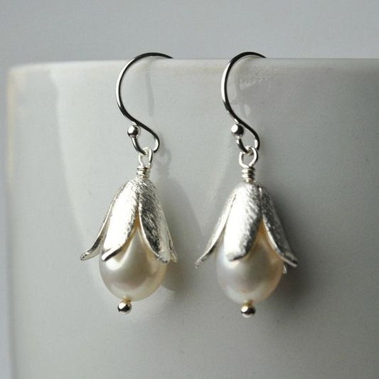 Vintage Lotus Pearl Silver Earrings-Lydieannejewelry