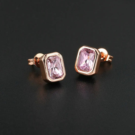 Classic Rose Gold Pink Rectangular-Cut Design Earrings-Lydieannejewelry