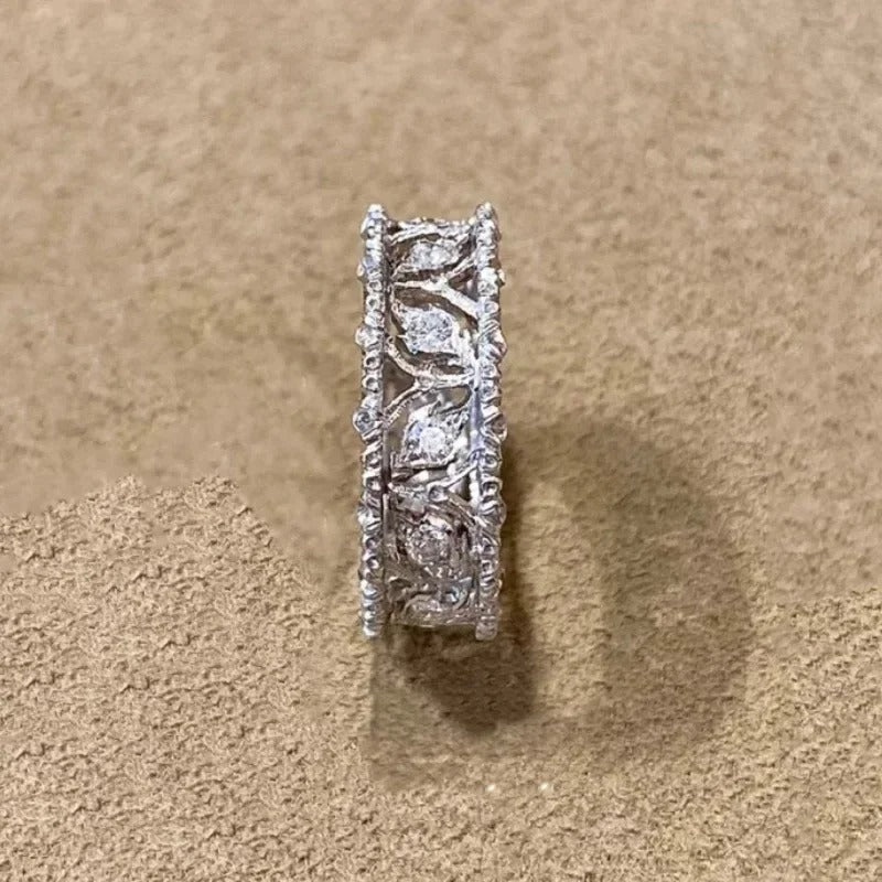Vintage Silver & Diamond Carved Leaf Adjustable Ring-Lydieannejewelry