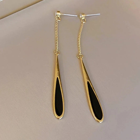 Vintage Gold Black Teardrop Dangle Earrings-Lydieannejewelry