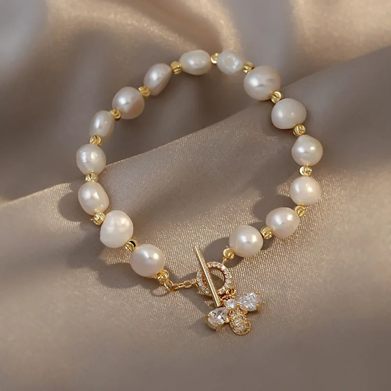 Gold & Pearl Crystal Butterfly Charm Bracelet-Lydieannejewelry