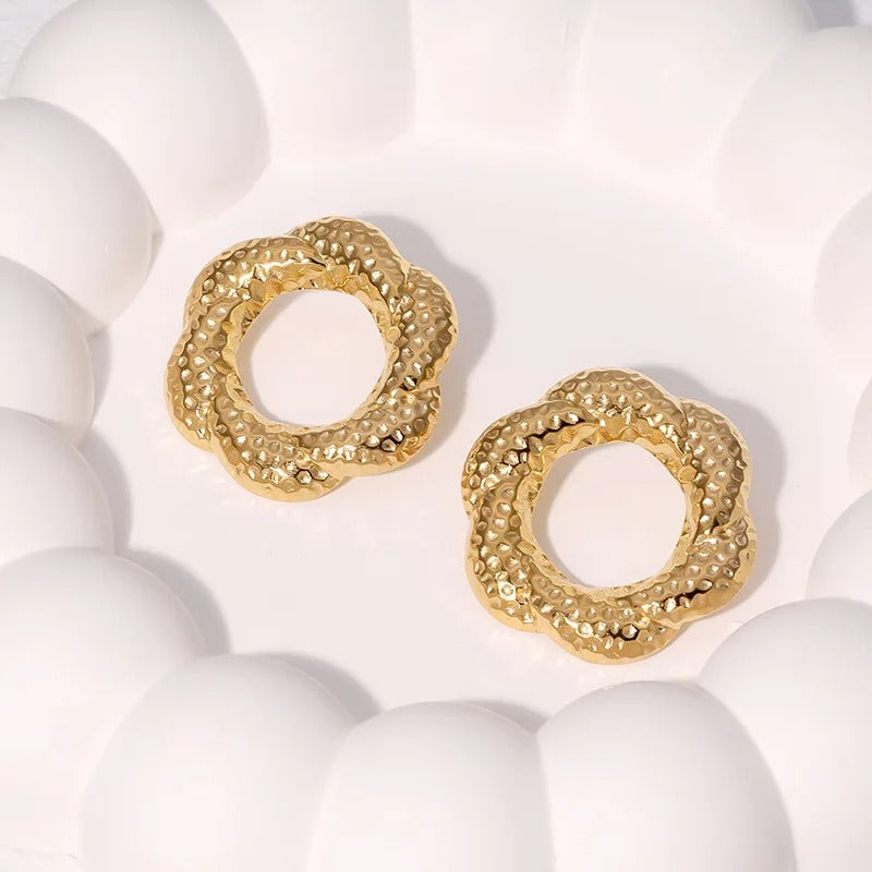 Vintage Gold Hammered Flower Hoop Earrings-Lydieannejewelry