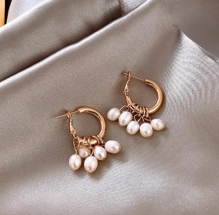 Vintage Gold & Pearl Drop Hoop Earrings-Lydieannejewelry