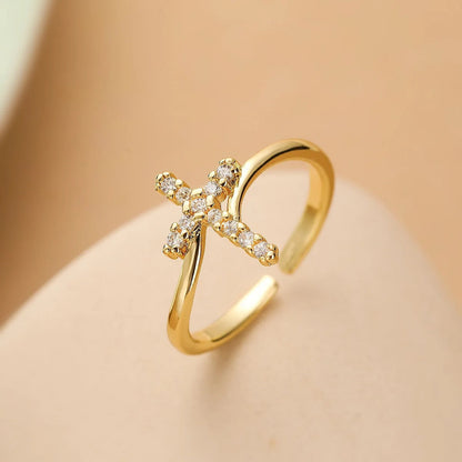 Gold Crystal Cross Resizable Ring-Lydieannejewelry