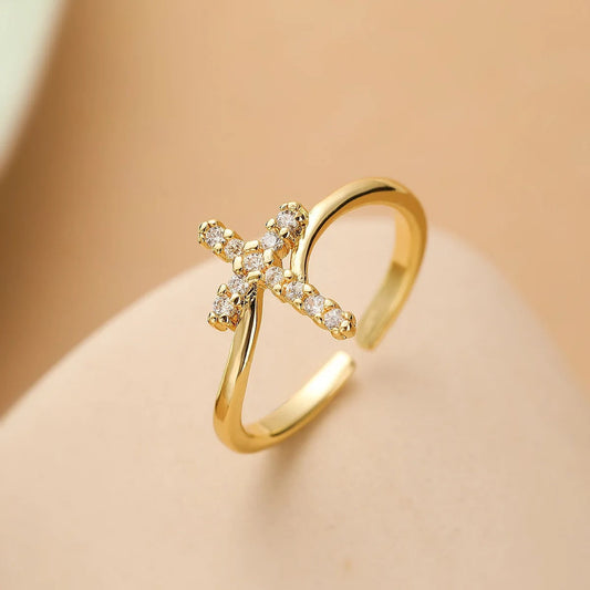 Gold Crystal Cross Resizable Ring-Lydieannejewelry