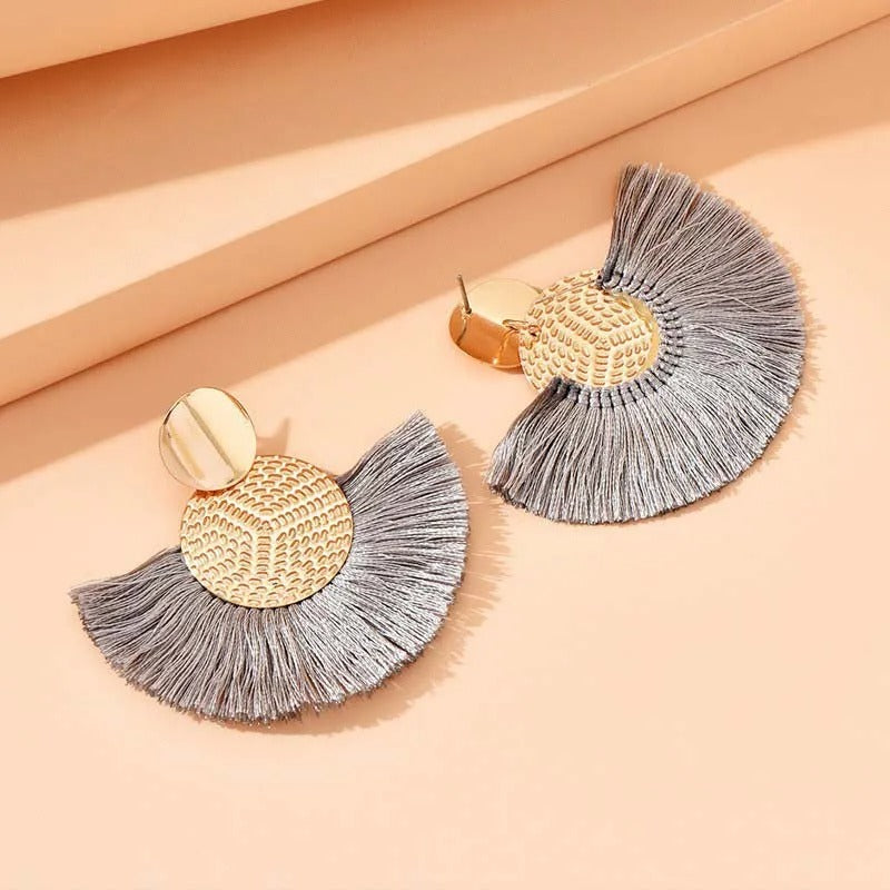 Gold Circular Top Silver Fringed Earrings-Lydieannejewelry